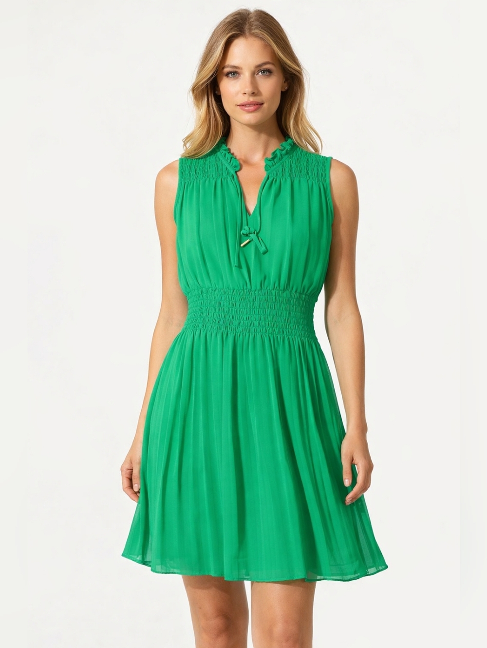 Skies Are Blue Emerald Green Pleated Midi Dress Smocked Waist Ruffle Mock Neck S
